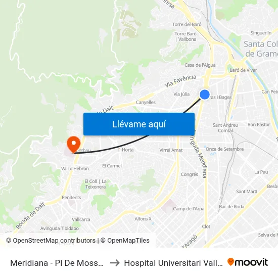 Meridiana - Pl De Mossèn Clapés to Hospital Universitari Vall d'Hebron map