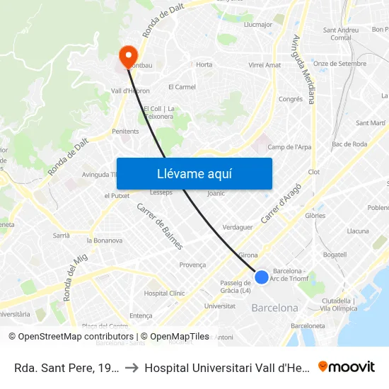 Rda. Sant Pere, 19-21 to Hospital Universitari Vall d'Hebron map