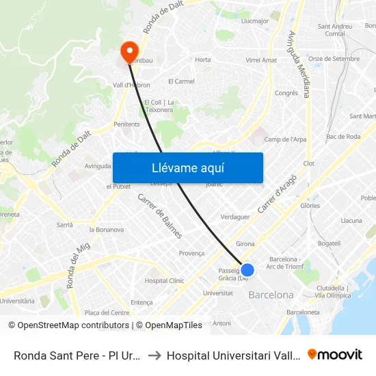 Ronda Sant Pere - Pl Urquinaona to Hospital Universitari Vall d'Hebron map