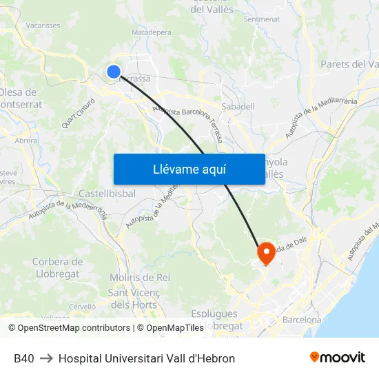 B40 to Hospital Universitari Vall d'Hebron map
