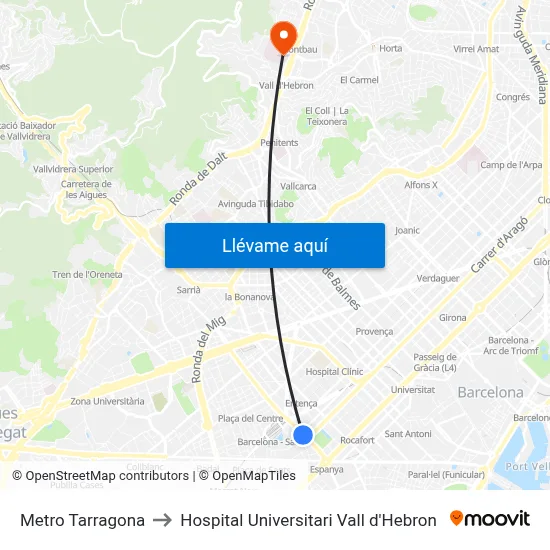 Metro Tarragona to Hospital Universitari Vall d'Hebron map