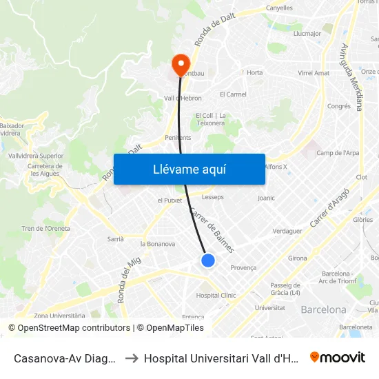 Casanova-Av Diagonal to Hospital Universitari Vall d'Hebron map
