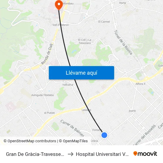 Gran De Gràcia-Travessera De Gràcia to Hospital Universitari Vall d'Hebron map