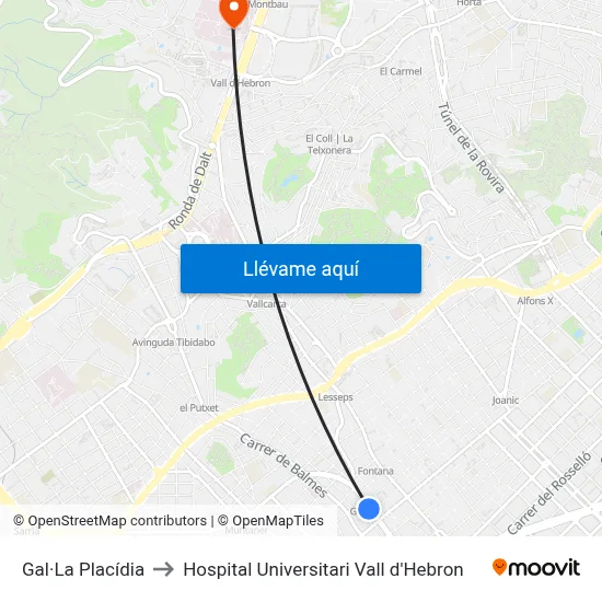 Gal·La Placídia to Hospital Universitari Vall d'Hebron map