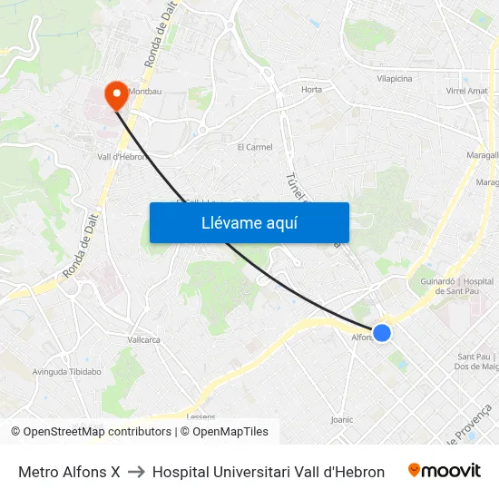 Metro Alfons X to Hospital Universitari Vall d'Hebron map