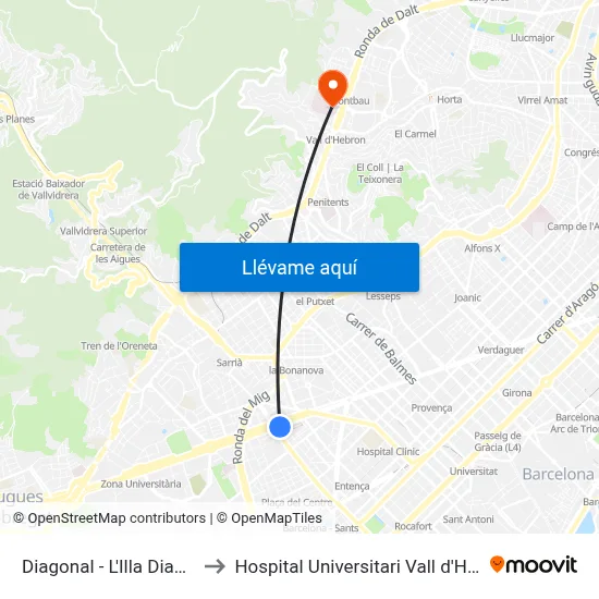 Diagonal - L'Illa Diagonal to Hospital Universitari Vall d'Hebron map