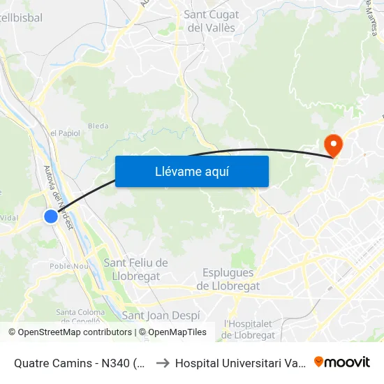 Quatre Camins - N340 (A Vallirana) to Hospital Universitari Vall d'Hebron map
