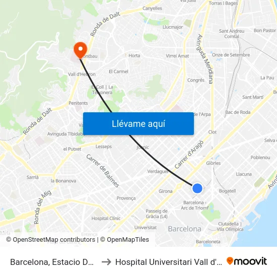 Barcelona, Estacio Del Nord to Hospital Universitari Vall d'Hebron map