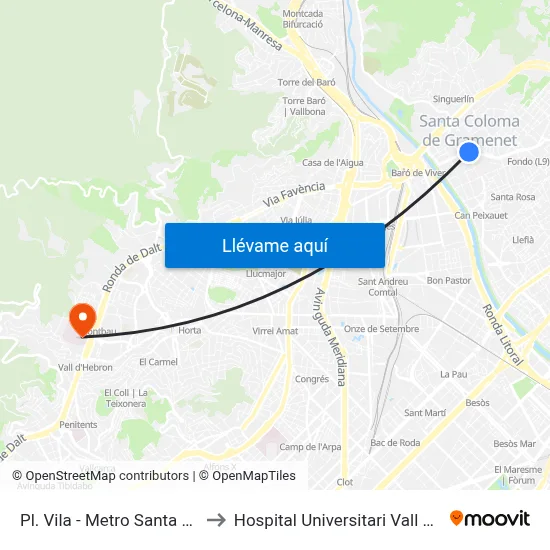 Pl. Vila - Metro Santa Coloma to Hospital Universitari Vall d'Hebron map