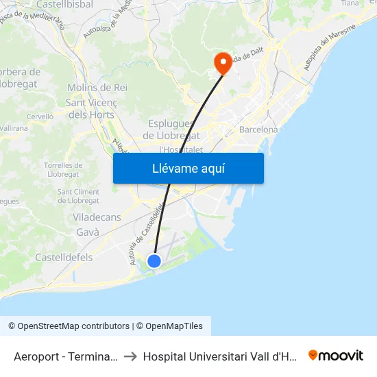 Aeroport - Terminal T1 to Hospital Universitari Vall d'Hebron map