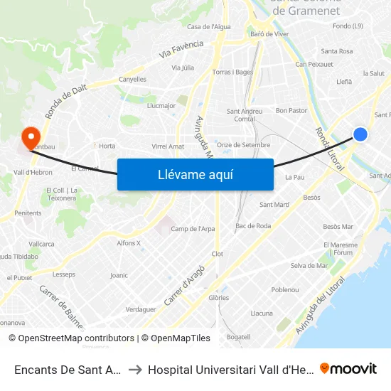 Encants De Sant Adrià to Hospital Universitari Vall d'Hebron map