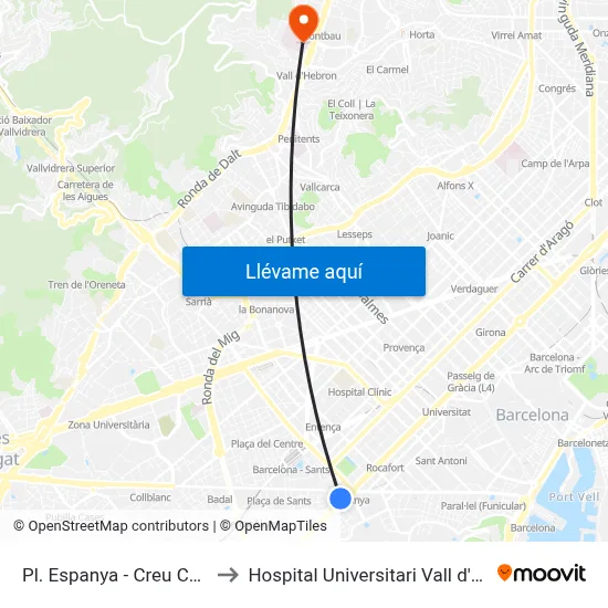 Pl. Espanya - Creu Coberta to Hospital Universitari Vall d'Hebron map