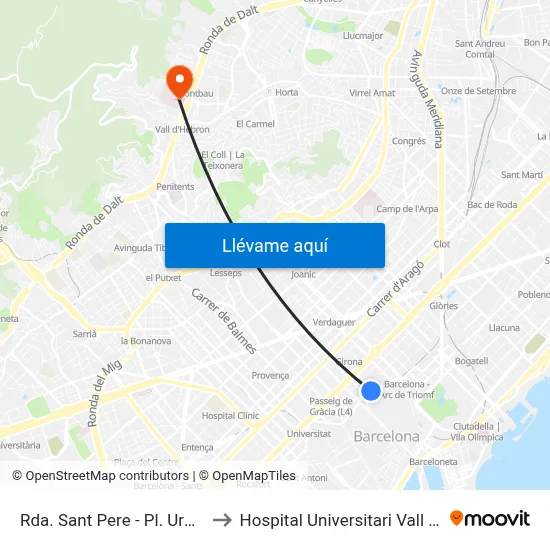 Rda. Sant Pere - Pl. Urquinaona to Hospital Universitari Vall d'Hebron map