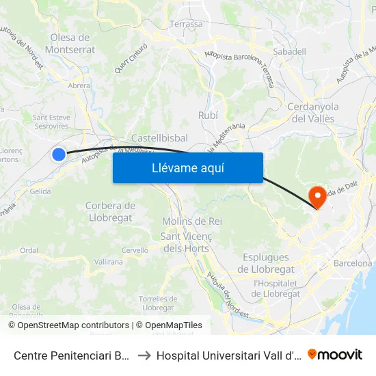 Centre Penitenciari Brians 1 to Hospital Universitari Vall d'Hebron map