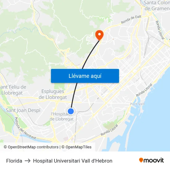 Florida to Hospital Universitari Vall d'Hebron map