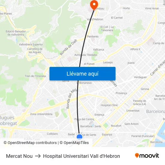 Mercat Nou to Hospital Universitari Vall d'Hebron map