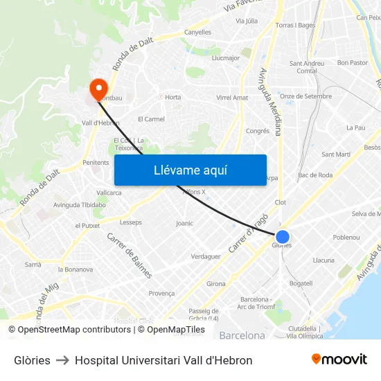 Glòries to Hospital Universitari Vall d'Hebron map