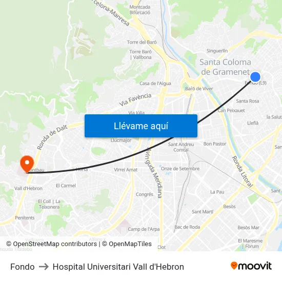 Fondo to Hospital Universitari Vall d'Hebron map