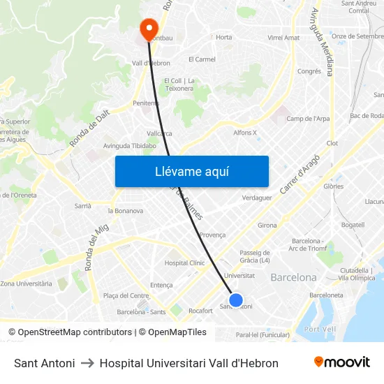 Sant Antoni to Hospital Universitari Vall d'Hebron map