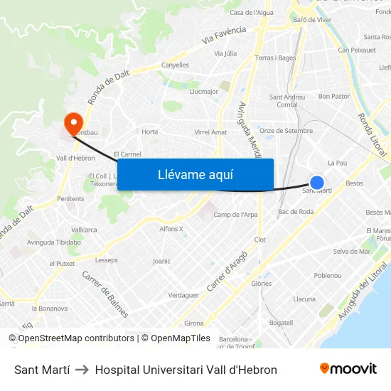 Sant Martí to Hospital Universitari Vall d'Hebron map