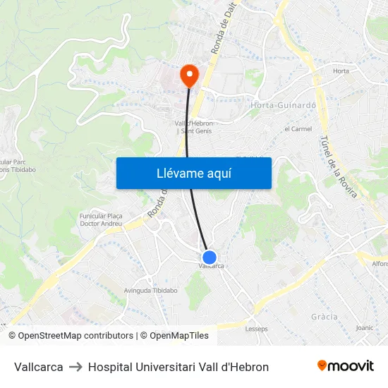 Vallcarca to Hospital Universitari Vall d'Hebron map