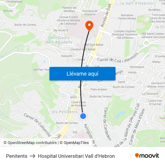 Penitents to Hospital Universitari Vall d'Hebron map