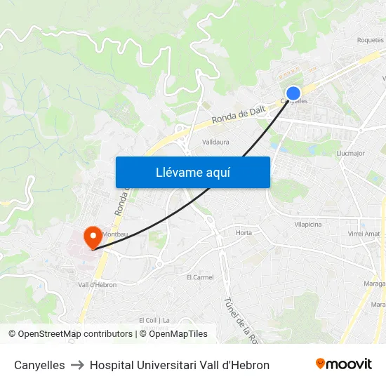 Canyelles to Hospital Universitari Vall d'Hebron map