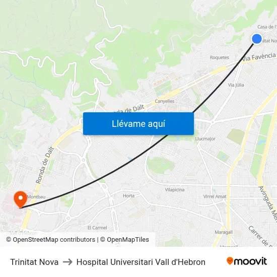 Trinitat Nova to Hospital Universitari Vall d'Hebron map