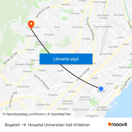 Bogatell to Hospital Universitari Vall d'Hebron map