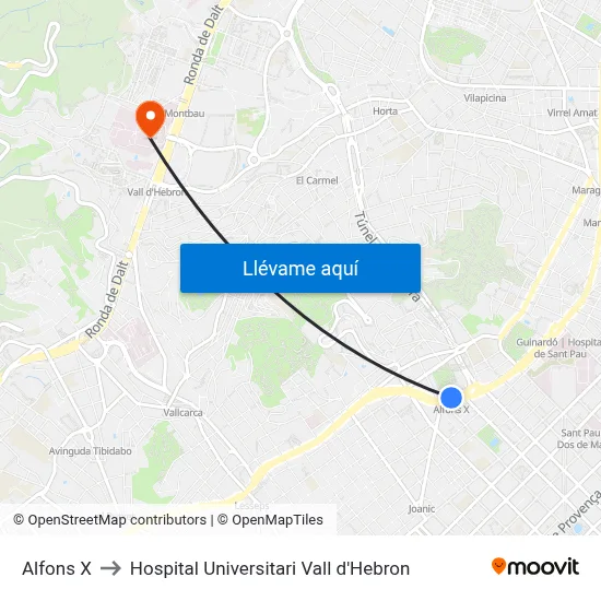 Alfons X to Hospital Universitari Vall d'Hebron map