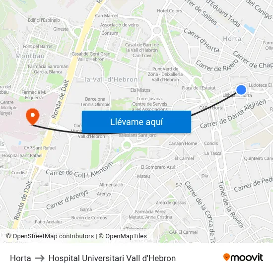 Horta to Hospital Universitari Vall d'Hebron map