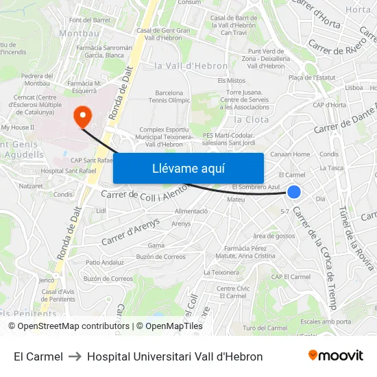 El Carmel to Hospital Universitari Vall d'Hebron map