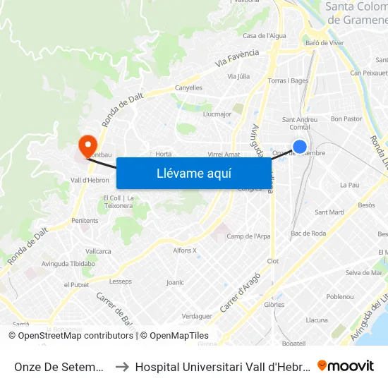 Onze De Setembre to Hospital Universitari Vall d'Hebron map