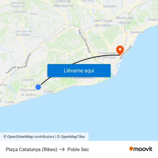 Plaça Catalunya (Ribes) to Poble Sec map