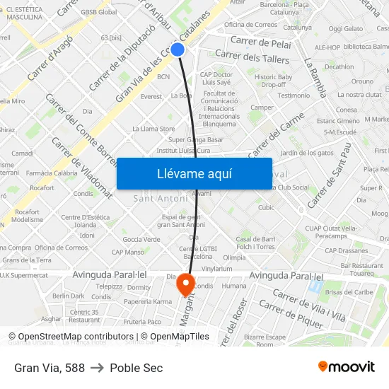 Gran Via, 588 to Poble Sec map