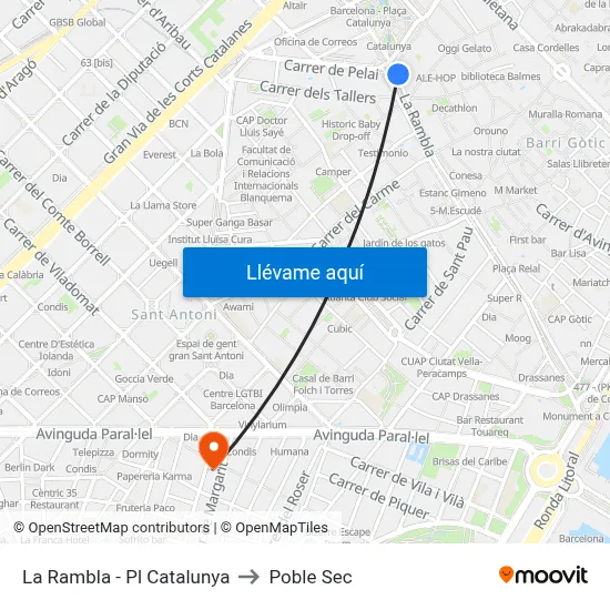 La Rambla - Pl Catalunya to Poble Sec map