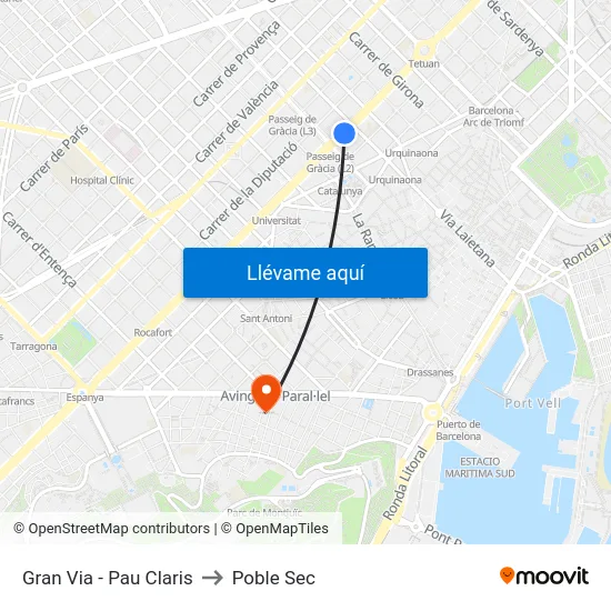 Gran Via - Pau Claris to Poble Sec map