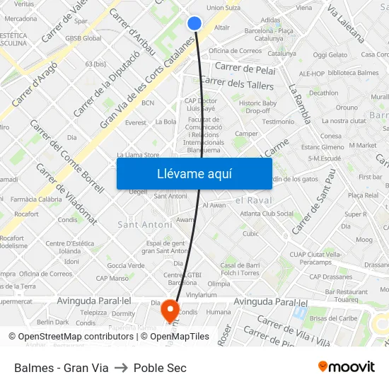 Balmes - Gran Via to Poble Sec map