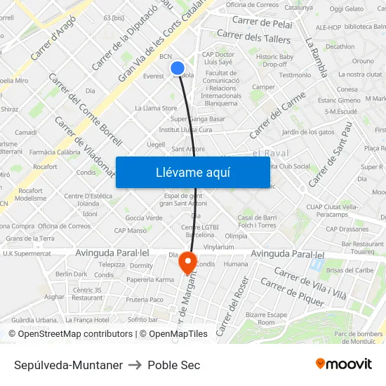 Sepúlveda-Muntaner to Poble Sec map