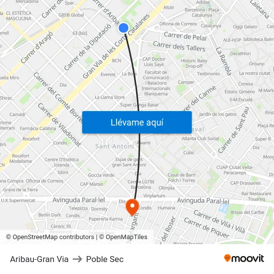 Aribau-Gran Via to Poble Sec map