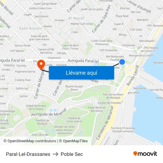 Paral·Lel-Drassanes to Poble Sec map
