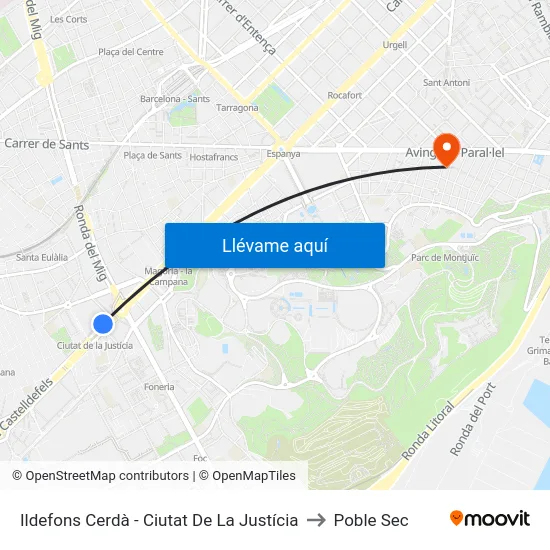 Ildefons Cerdà - Ciutat De La Justícia to Poble Sec map