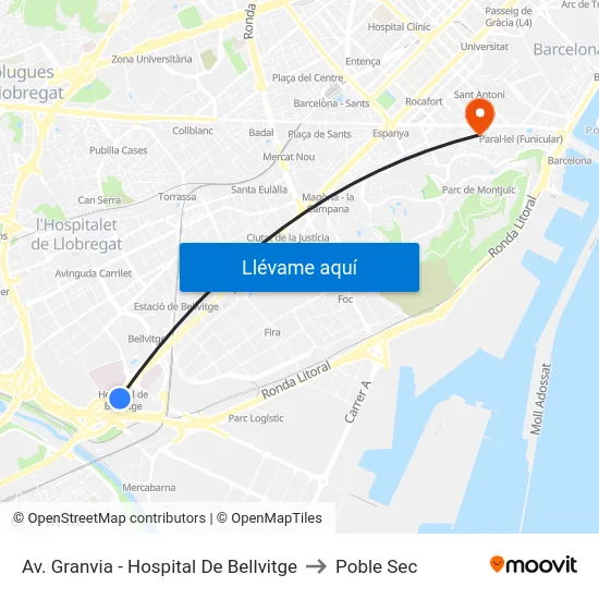 Av. Granvia - Hospital De Bellvitge to Poble Sec map