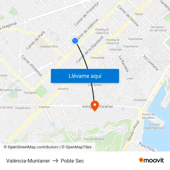 València-Muntaner to Poble Sec map