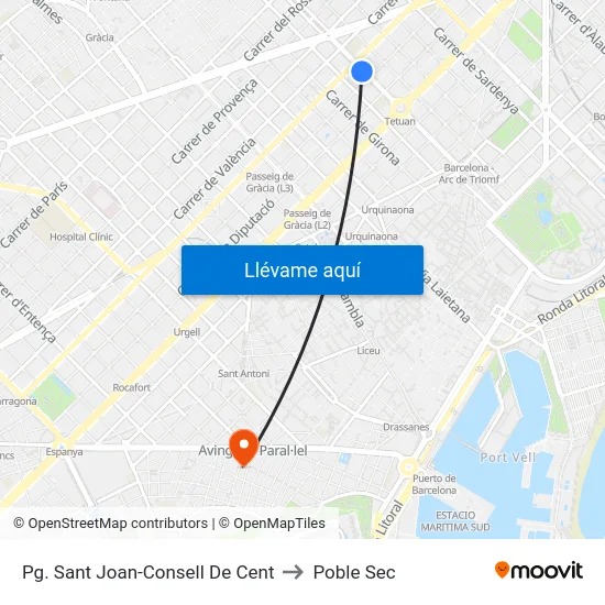 Pg. Sant Joan-Consell De Cent to Poble Sec map