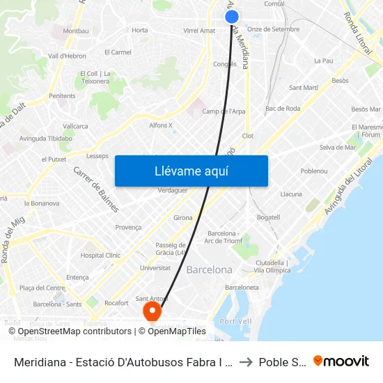 Meridiana - Estació D'Autobusos Fabra I Puig to Poble Sec map