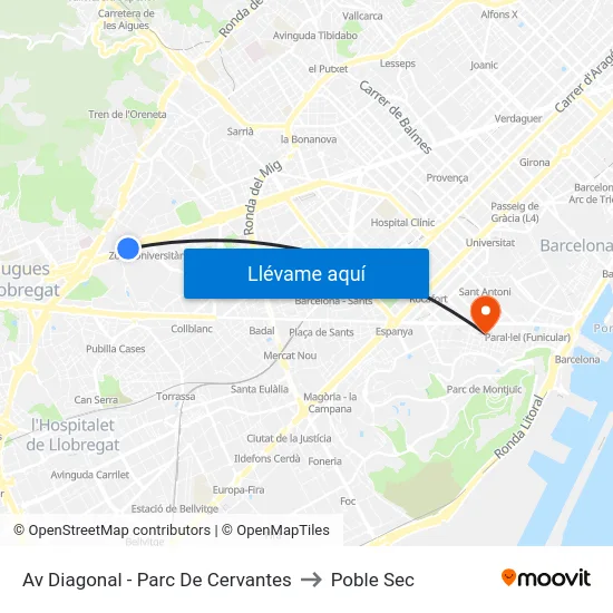 Av Diagonal - Parc De Cervantes to Poble Sec map