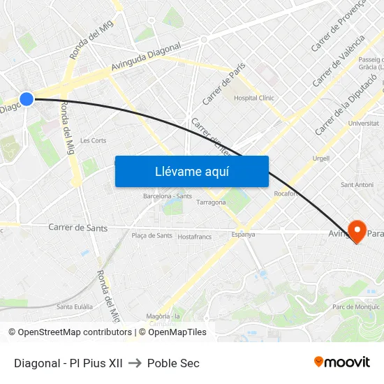 Diagonal - Pl Pius XII to Poble Sec map