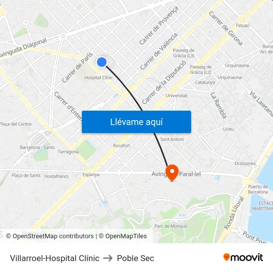 Villarroel-Hospital Clínic to Poble Sec map