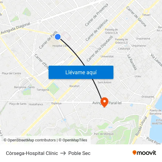 Còrsega-Hospital Clínic to Poble Sec map